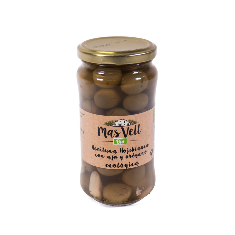 Aceituna hojiblanca con ajo 200 gr Mas Vell