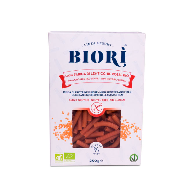 Macarrones de lentejas rojas 250 gr. Biori