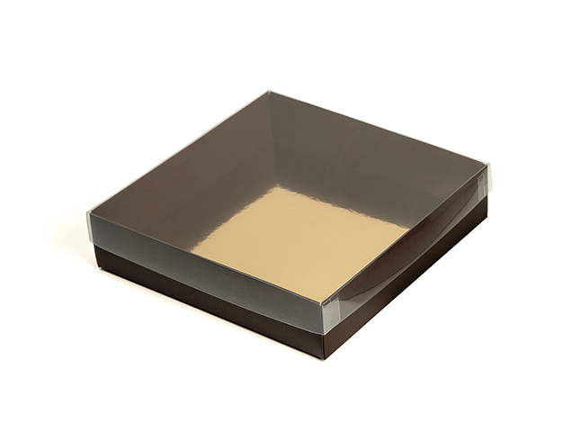 Boîte carré marron avec couvercle transparent